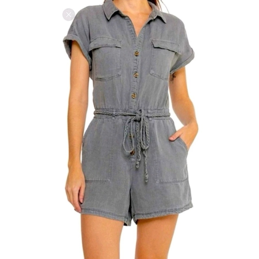 Nicole Miller Linen Blend Chambray Braided Belt Romper